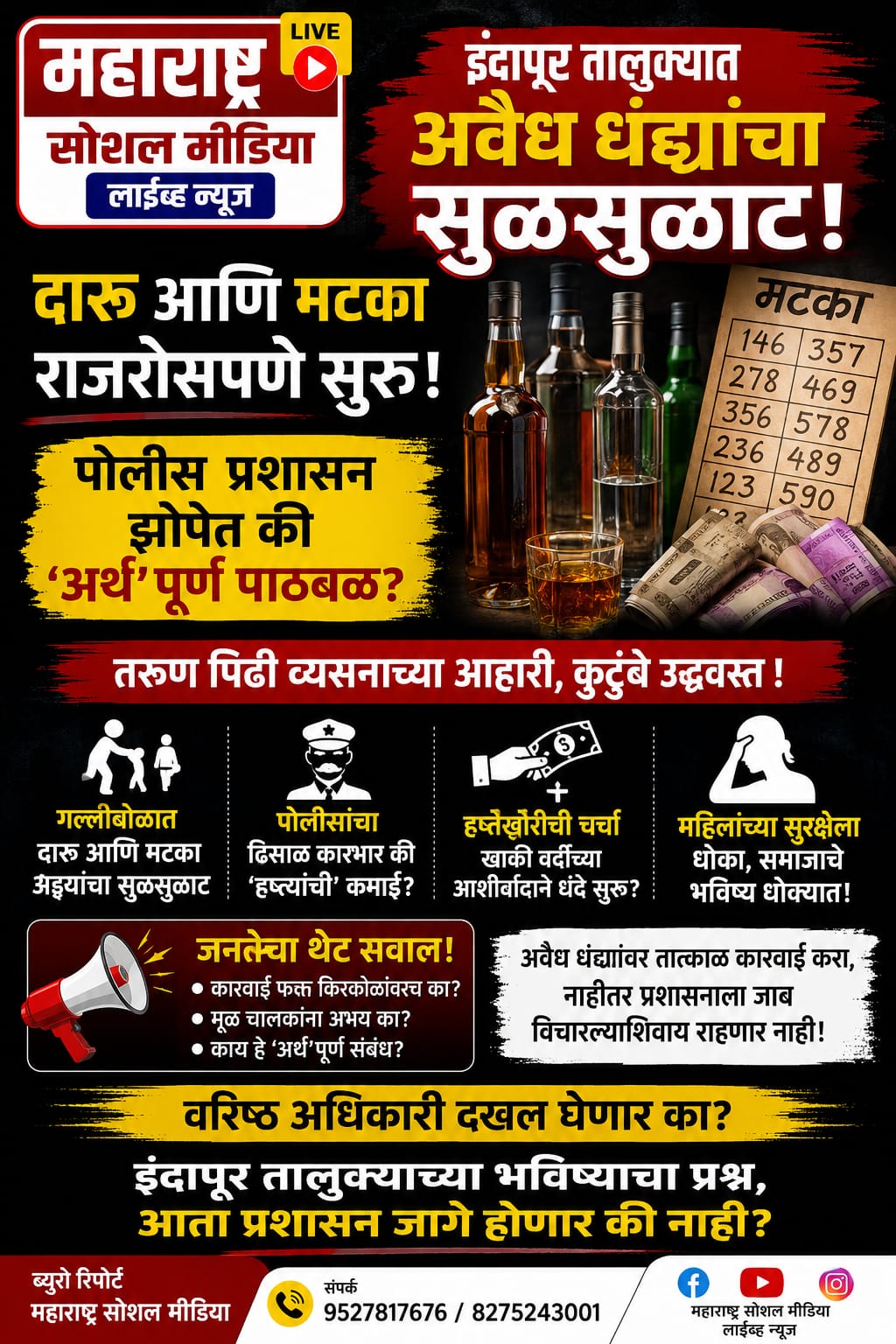 इंदापूर तालुक्यात अवैध धंद्यांचा सुळसुळाट! दारू आणि मटका राजरोसपणे सुरू; पोलीस प्रशासन झोपेत की 'अर्थ'पूर्ण पाठबळ?